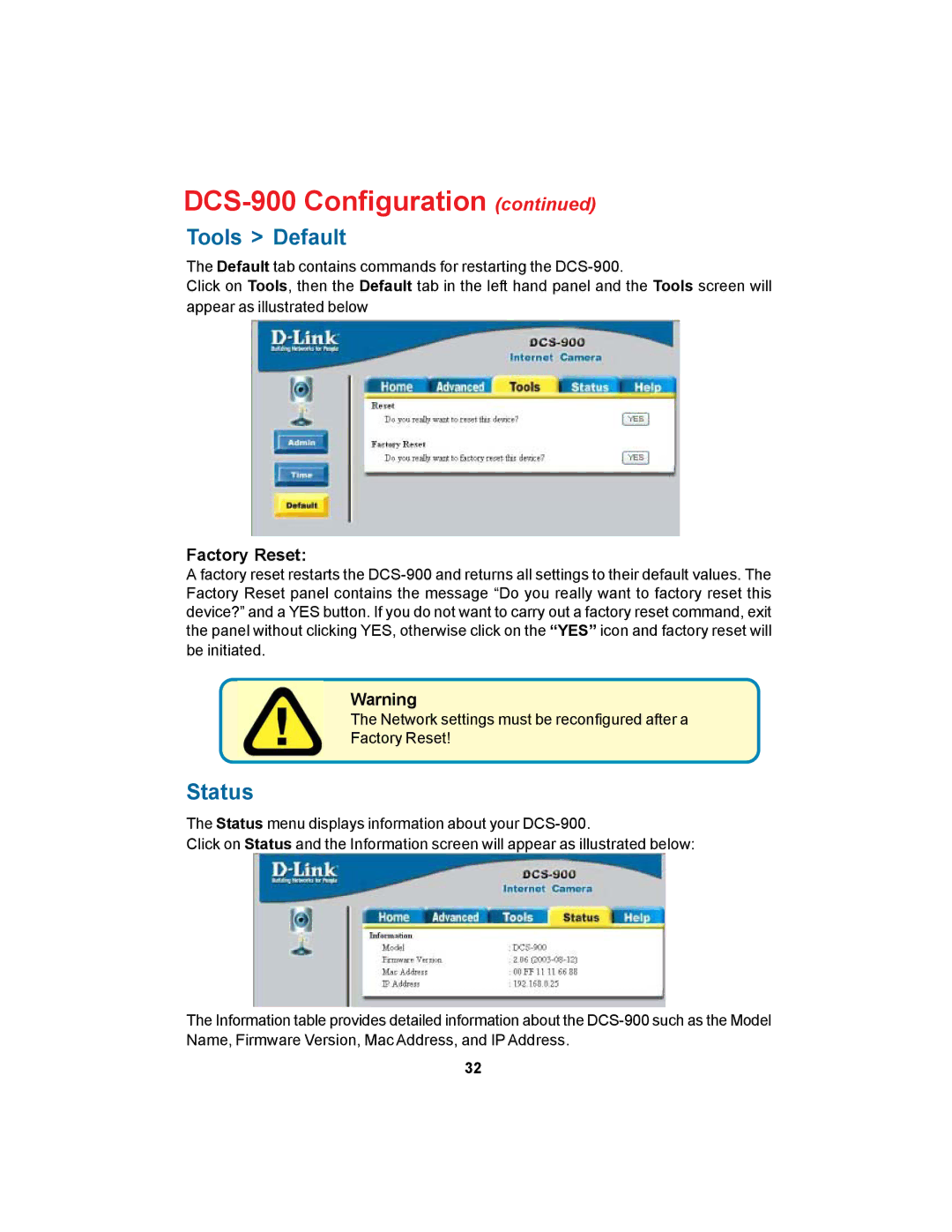 D-Link DCS-900 manual Tools Default, Status, Factory Reset 