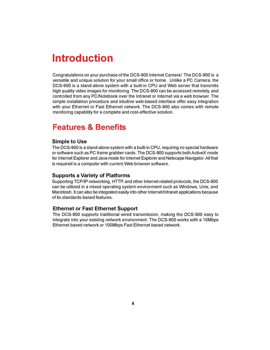 D-Link DCS-900 manual Introduction, Features & Benefits, Simple to Use, Supports a Variety of Platforms 