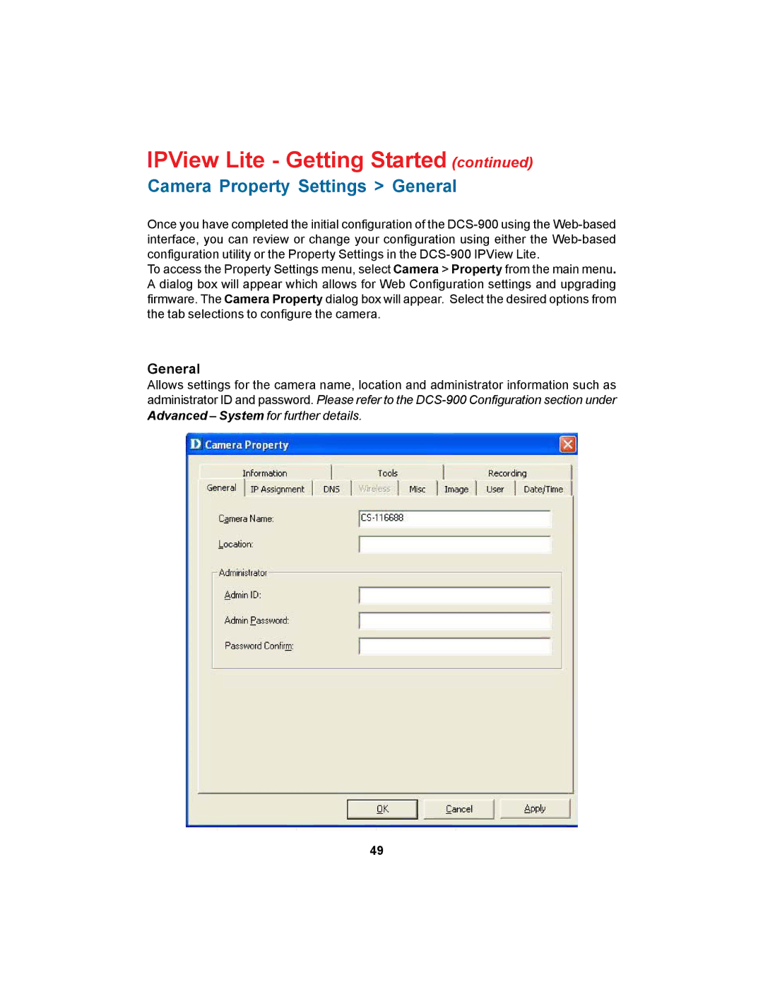D-Link DCS-900 manual Camera Property Settings General 