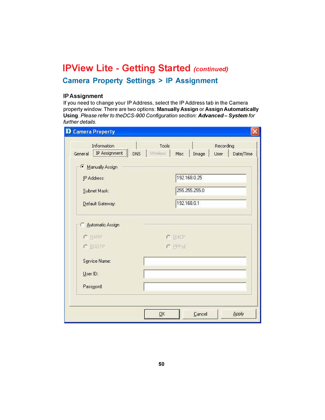 D-Link DCS-900 manual Camera Property Settings IP Assignment 