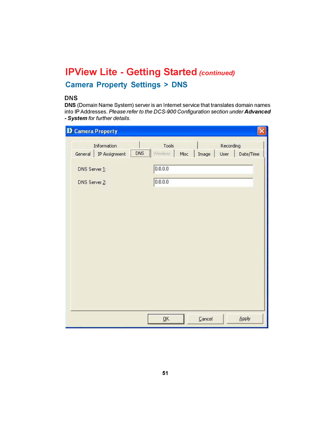 D-Link DCS-900 manual Camera Property Settings DNS, Dns 