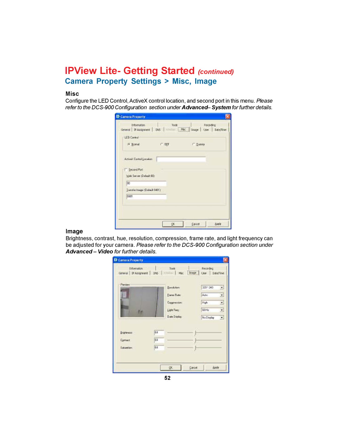 D-Link DCS-900 manual Camera Property Settings Misc, Image 