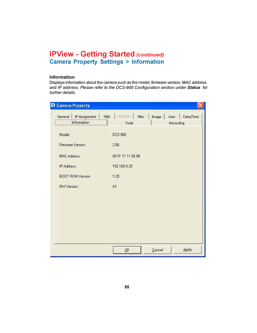 D-Link DCS-900 manual IPView Getting Started, Camera Property Settings Information 