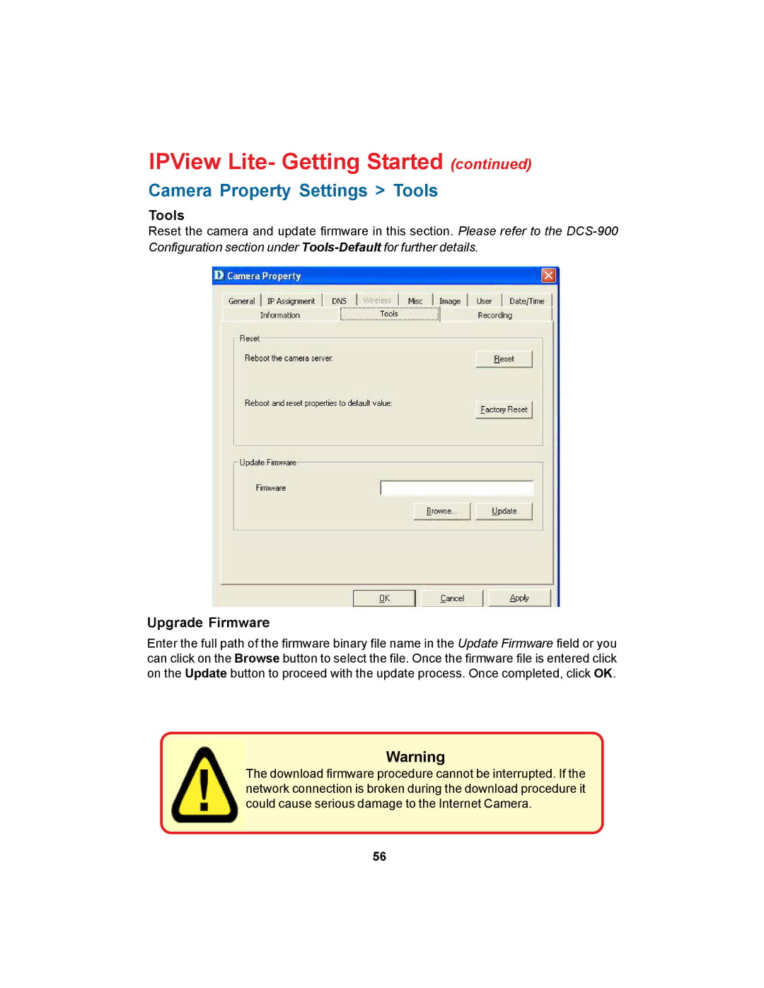 D-Link DCS-900 manual Camera Property Settings Tools, Upgrade Firmware 