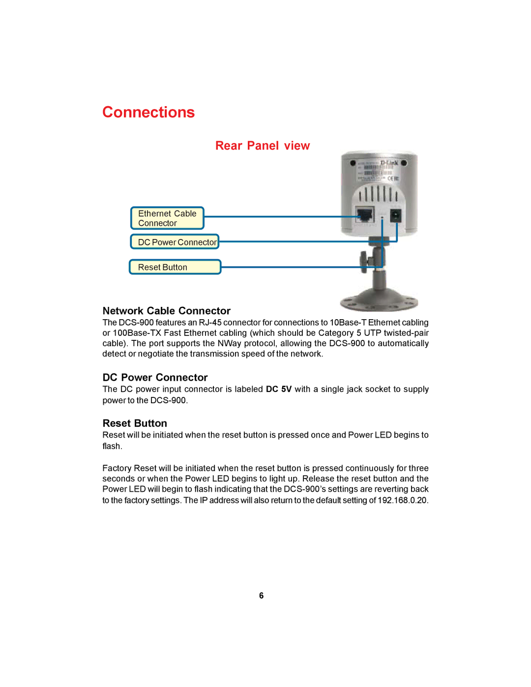 D-Link DCS-900 manual Connections, Network Cable Connector, DC Power Connector, Reset Button 