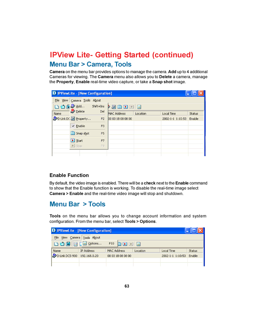 D-Link DCS-900 manual Menu Bar Camera, Tools, Enable Function 