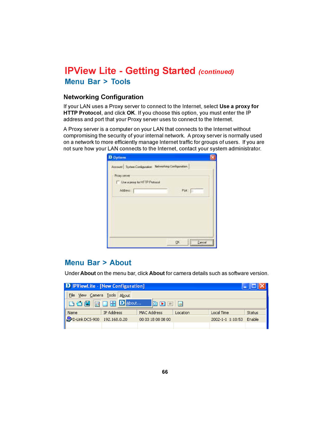 D-Link DCS-900 manual Menu Bar About, Networking Configuration 