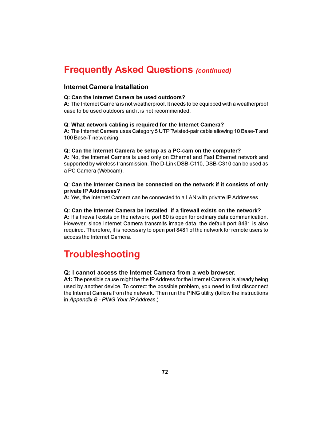 D-Link DCS-900 manual Frequently Asked Questions, Troubleshooting, Internet Camera Installation 