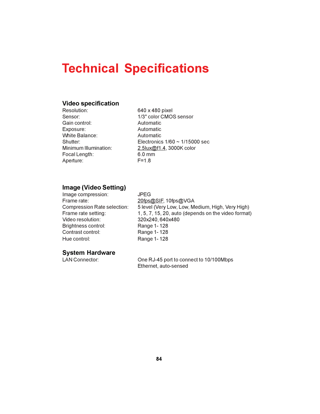 D-Link DCS-900 manual Technical Specifications, Video specification, Image Video Setting, System Hardware 