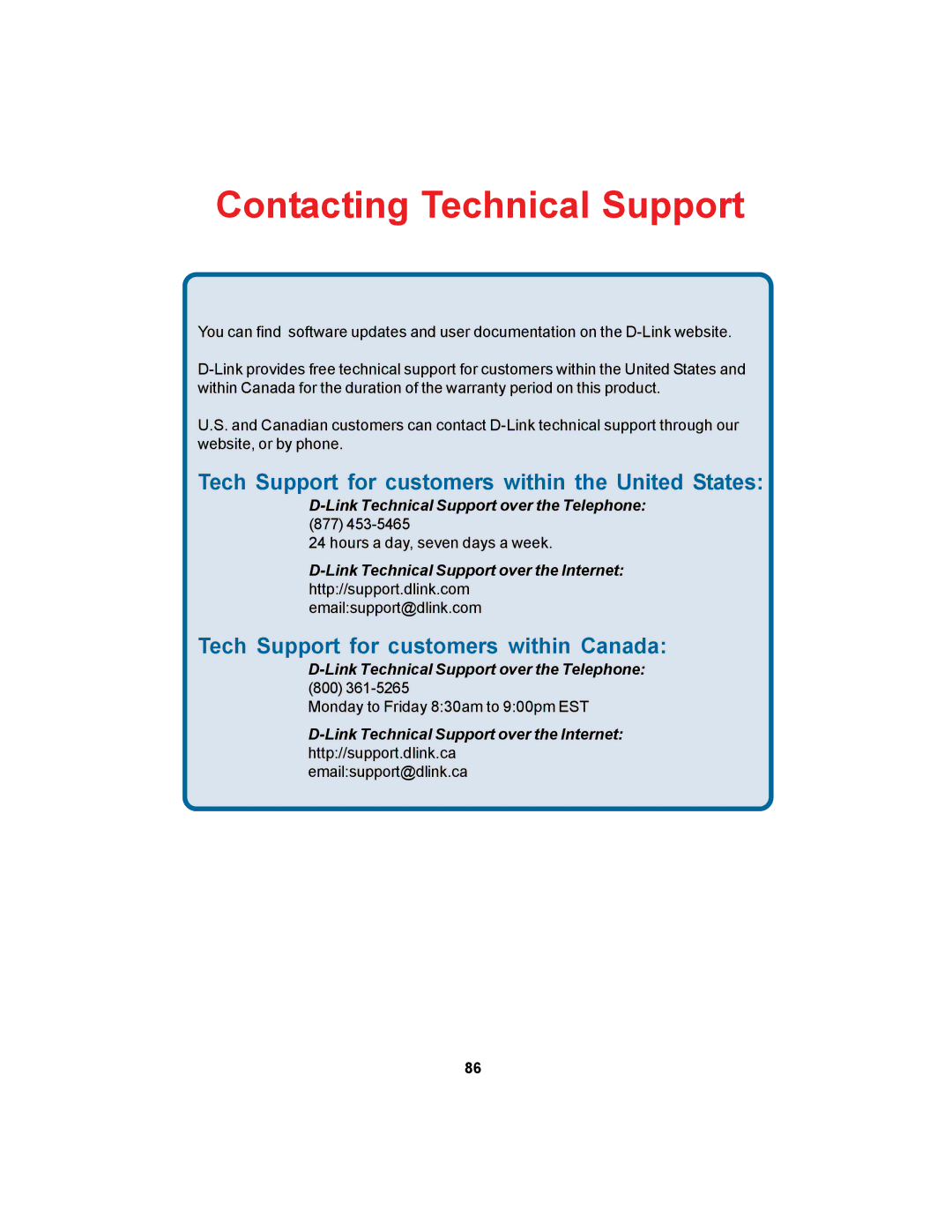 D-Link DCS-900 manual Contacting Technical Support, Tech Support for customers within the United States 