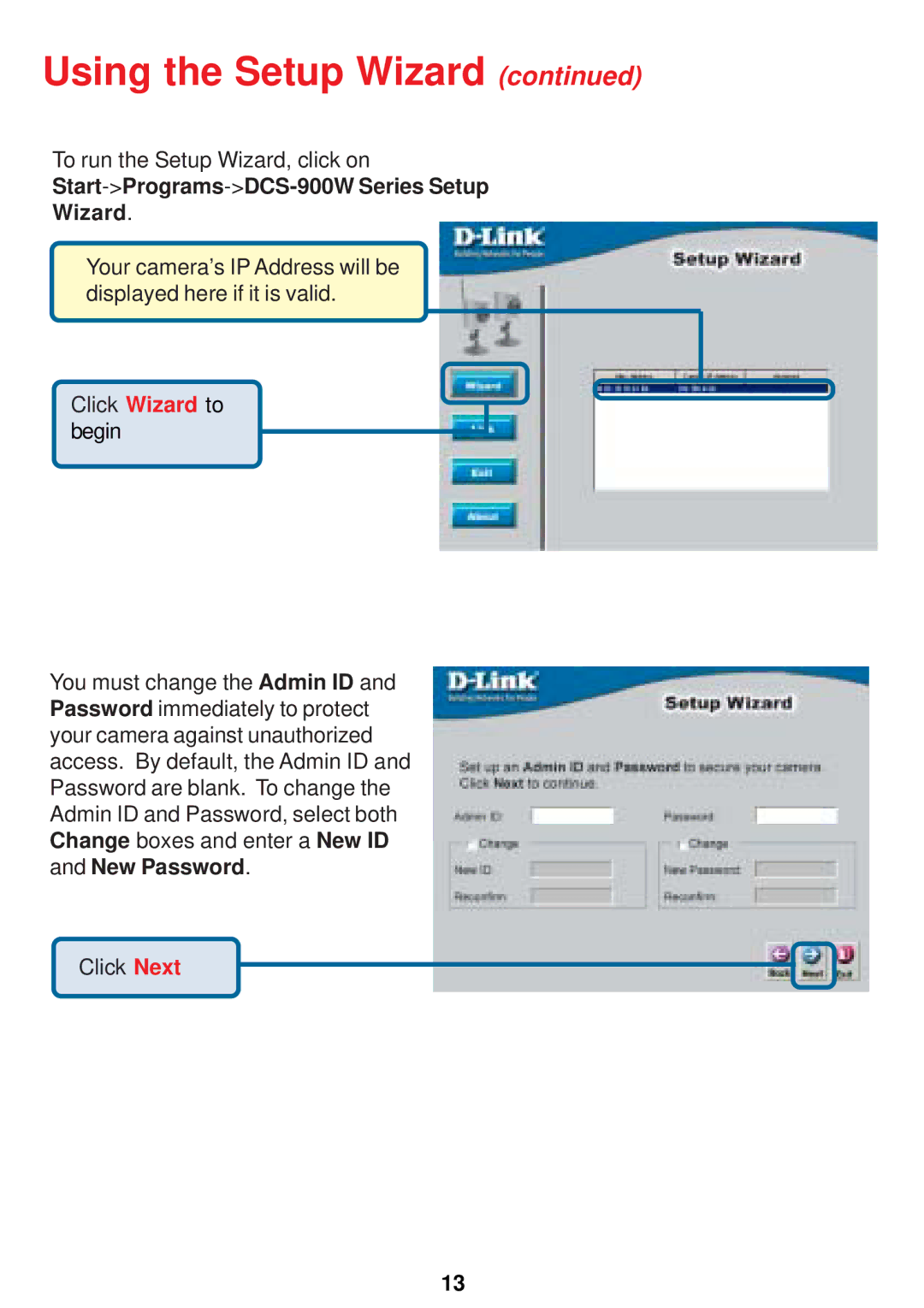 D-Link DCS-900W manual Click Wizard to begin 