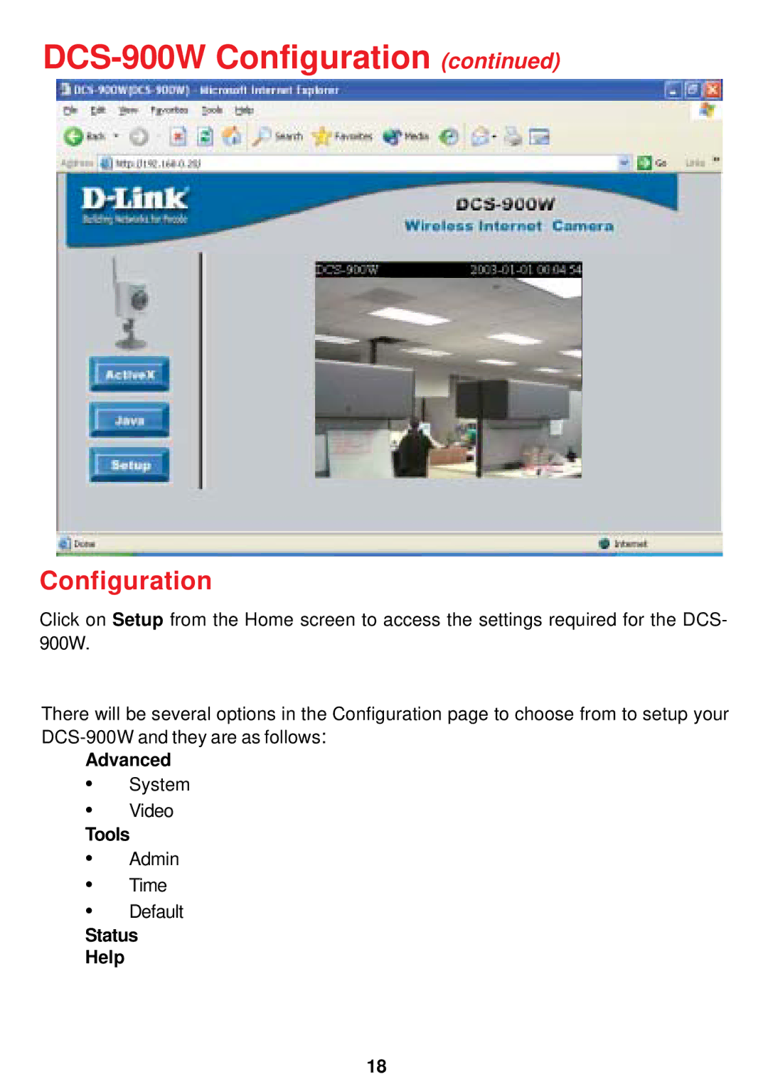 D-Link manual DCS-900W Configuration, Advanced, Tools, Status Help 