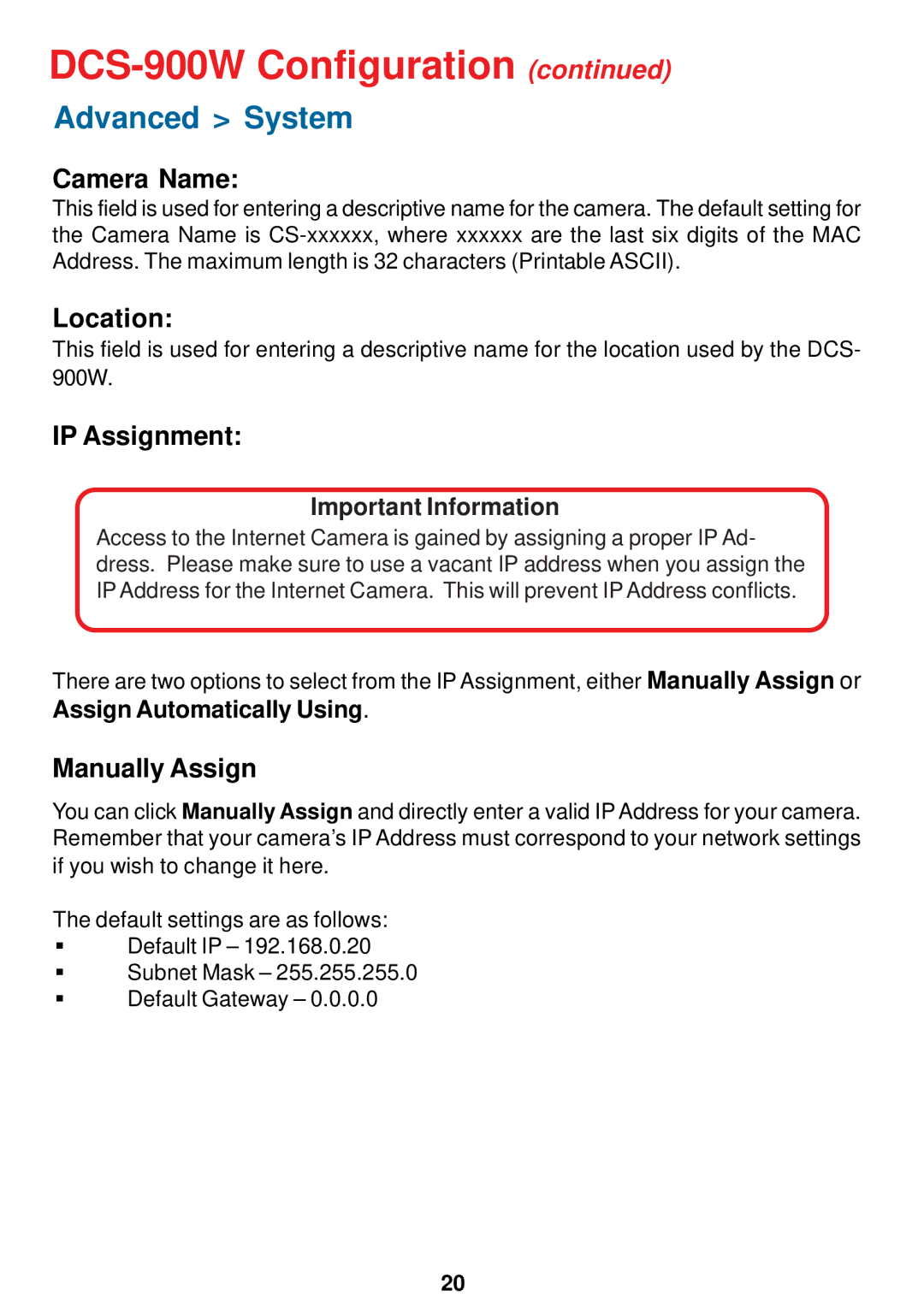 D-Link DCS-900W manual Camera Name, Location, IP Assignment, Manually Assign 
