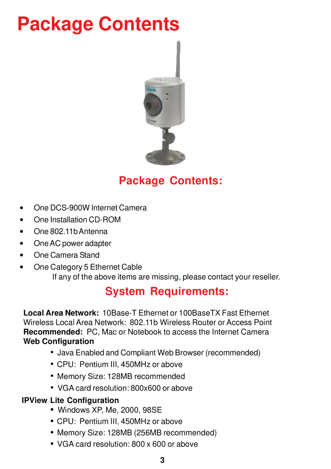 D-Link DCS-900W manual Package Contents 