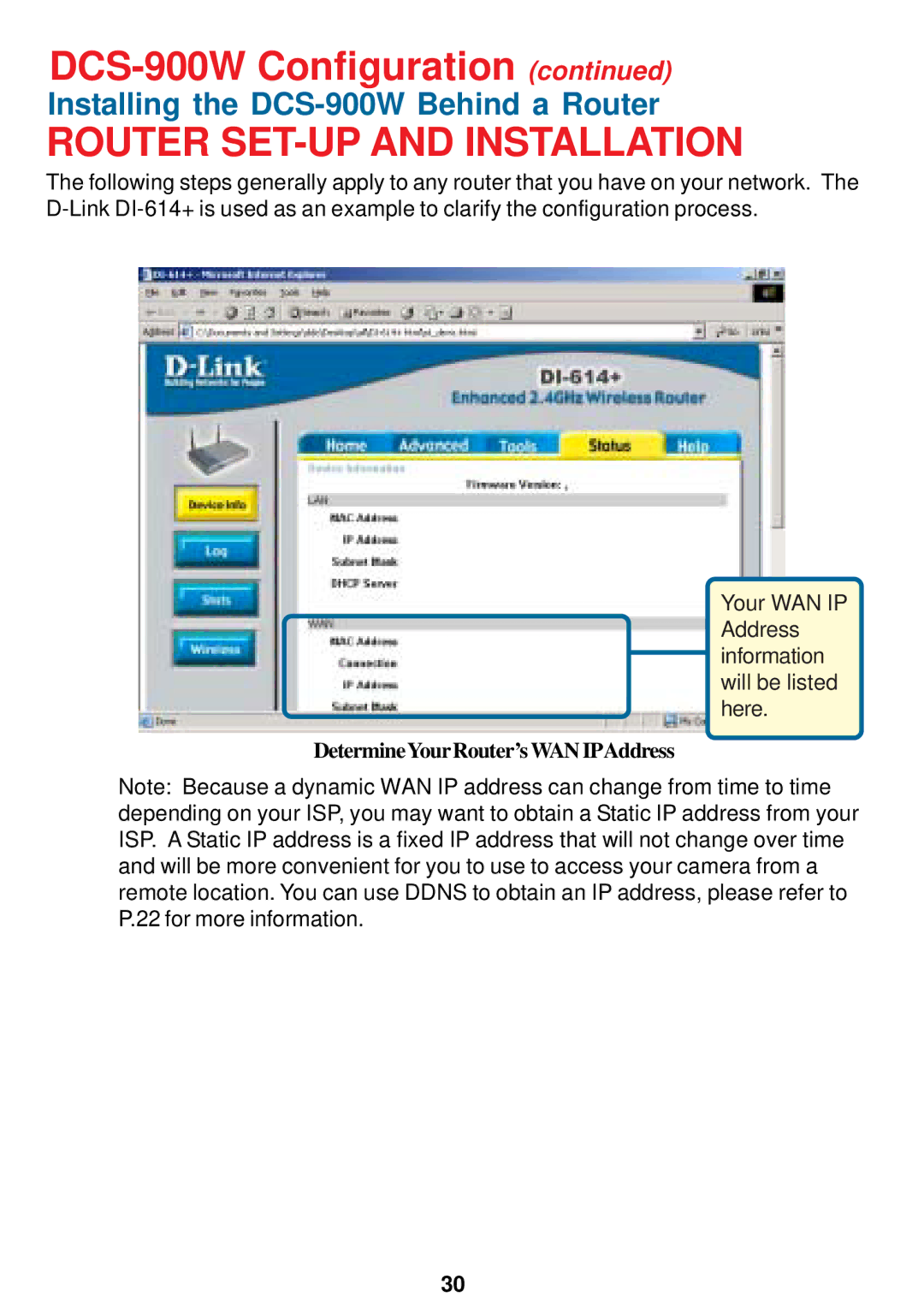 D-Link DCS-900W manual Router SET-UP and Installation 