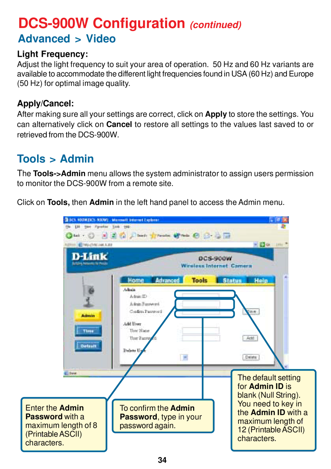 D-Link DCS-900W manual Tools Admin, Light Frequency, Password with a 