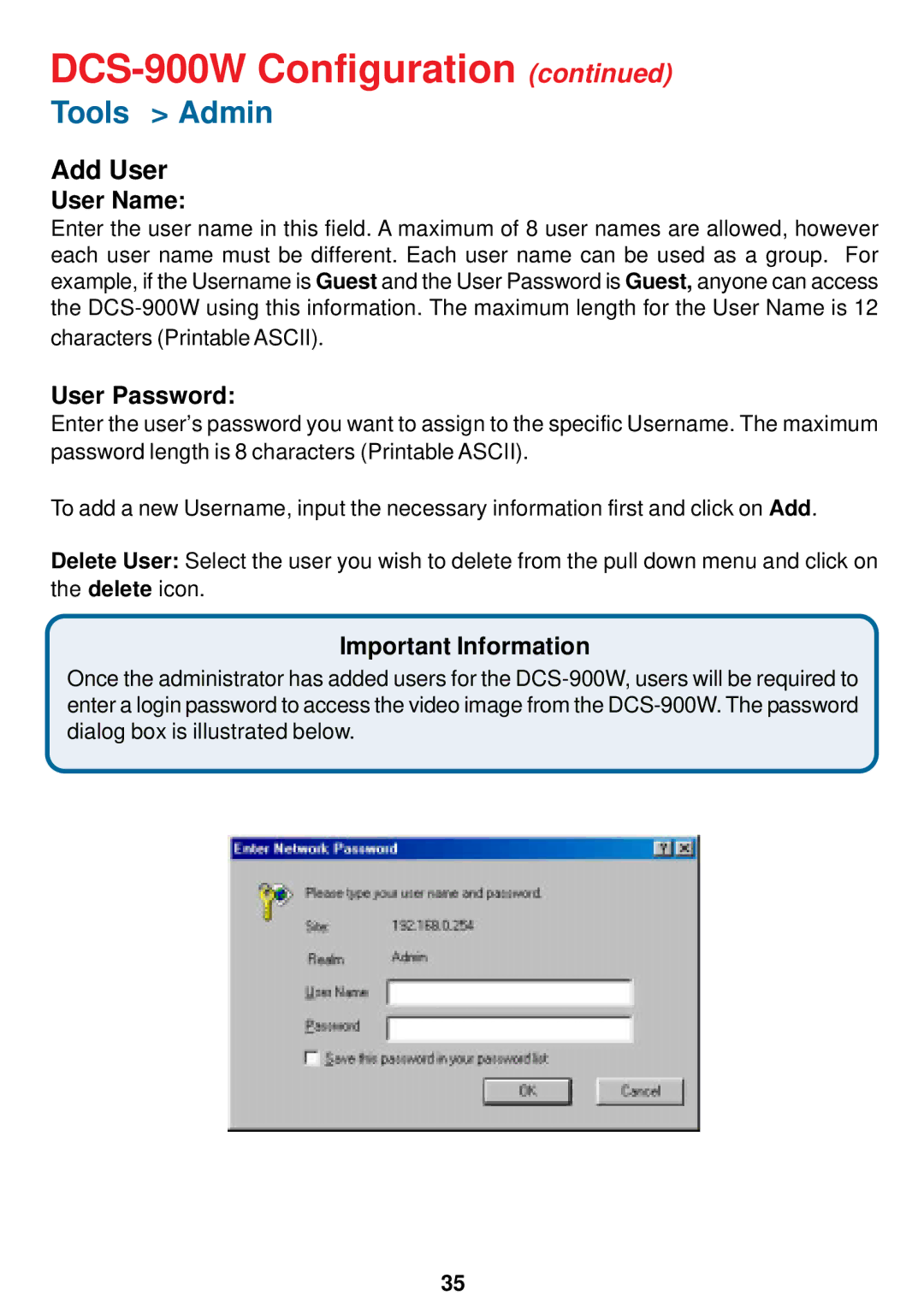 D-Link DCS-900W manual Add User, User Name, User Password, Important Information 