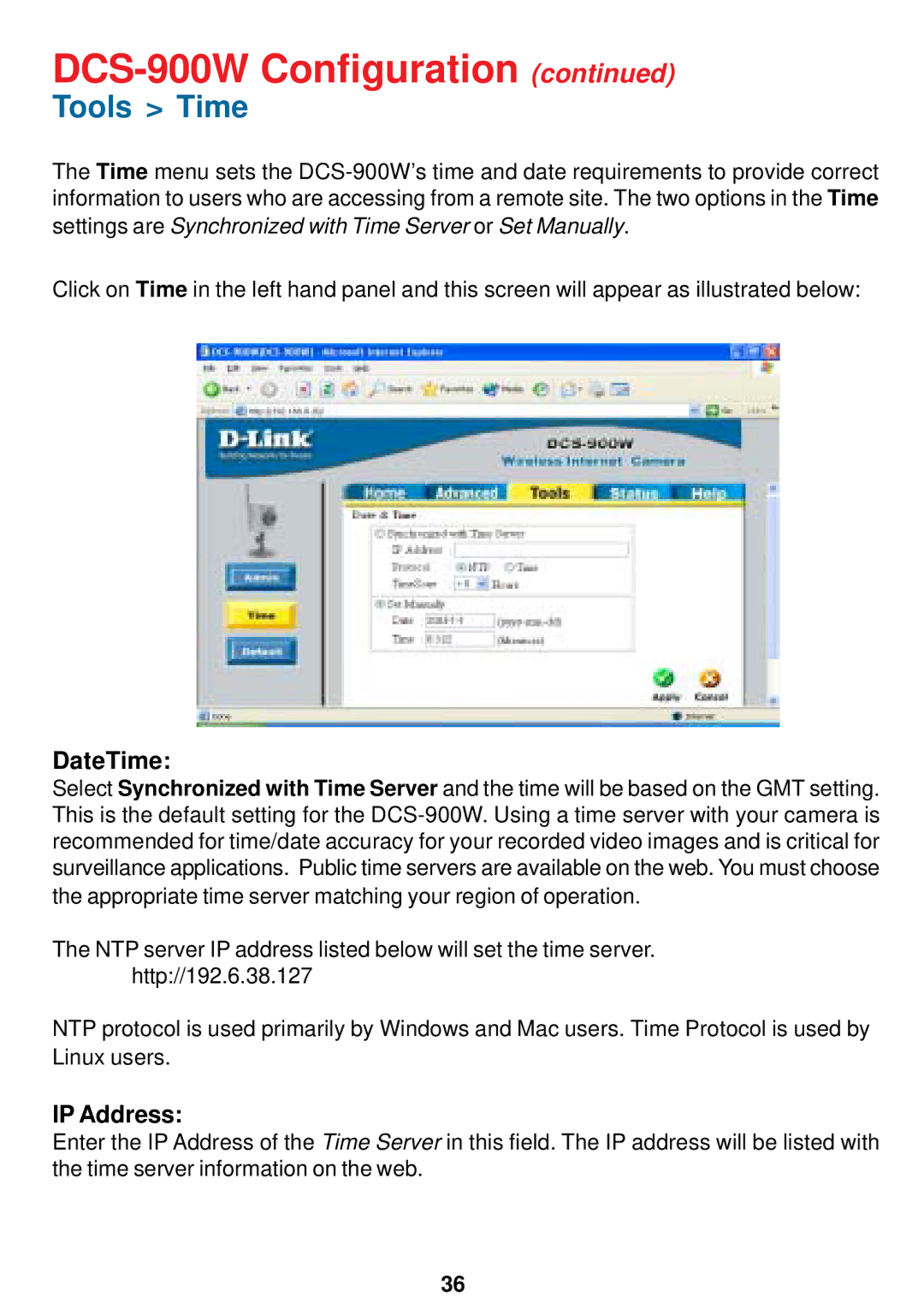 D-Link DCS-900W manual Tools Time, DateTime, IP Address 