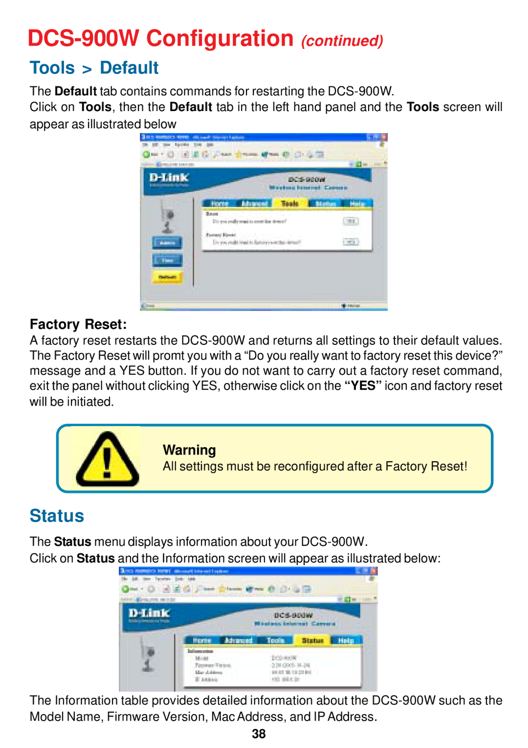 D-Link DCS-900W manual Tools Default, Status, Factory Reset 