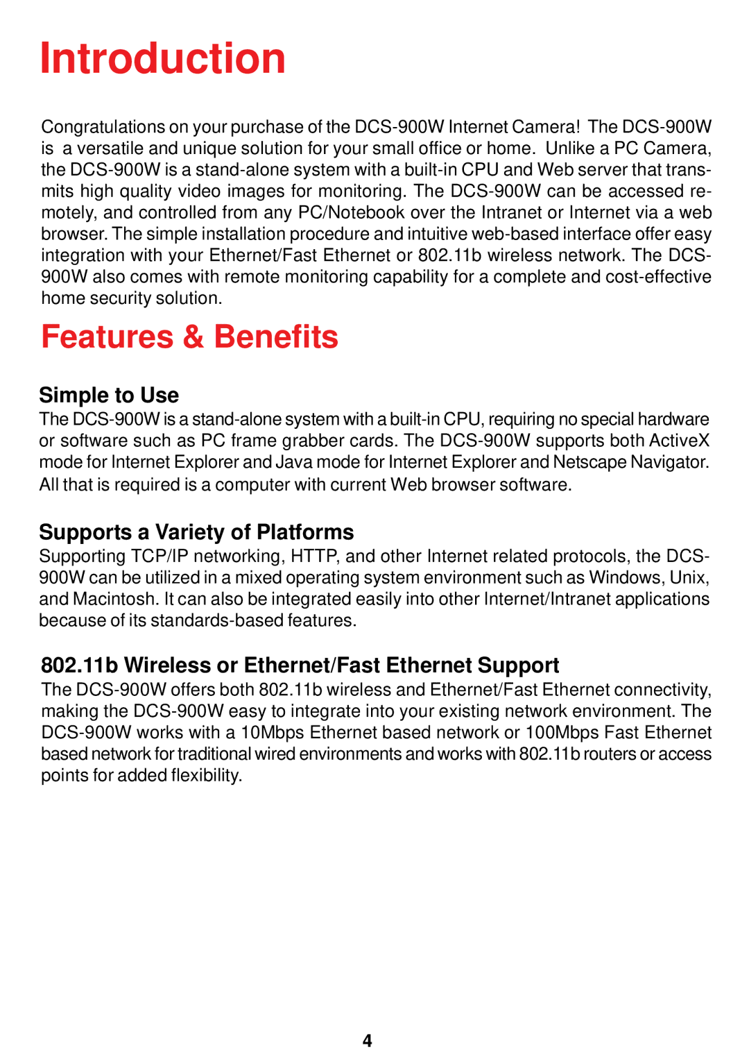 D-Link DCS-900W manual Introduction, Features & Benefits, Simple to Use, Supports a Variety of Platforms 