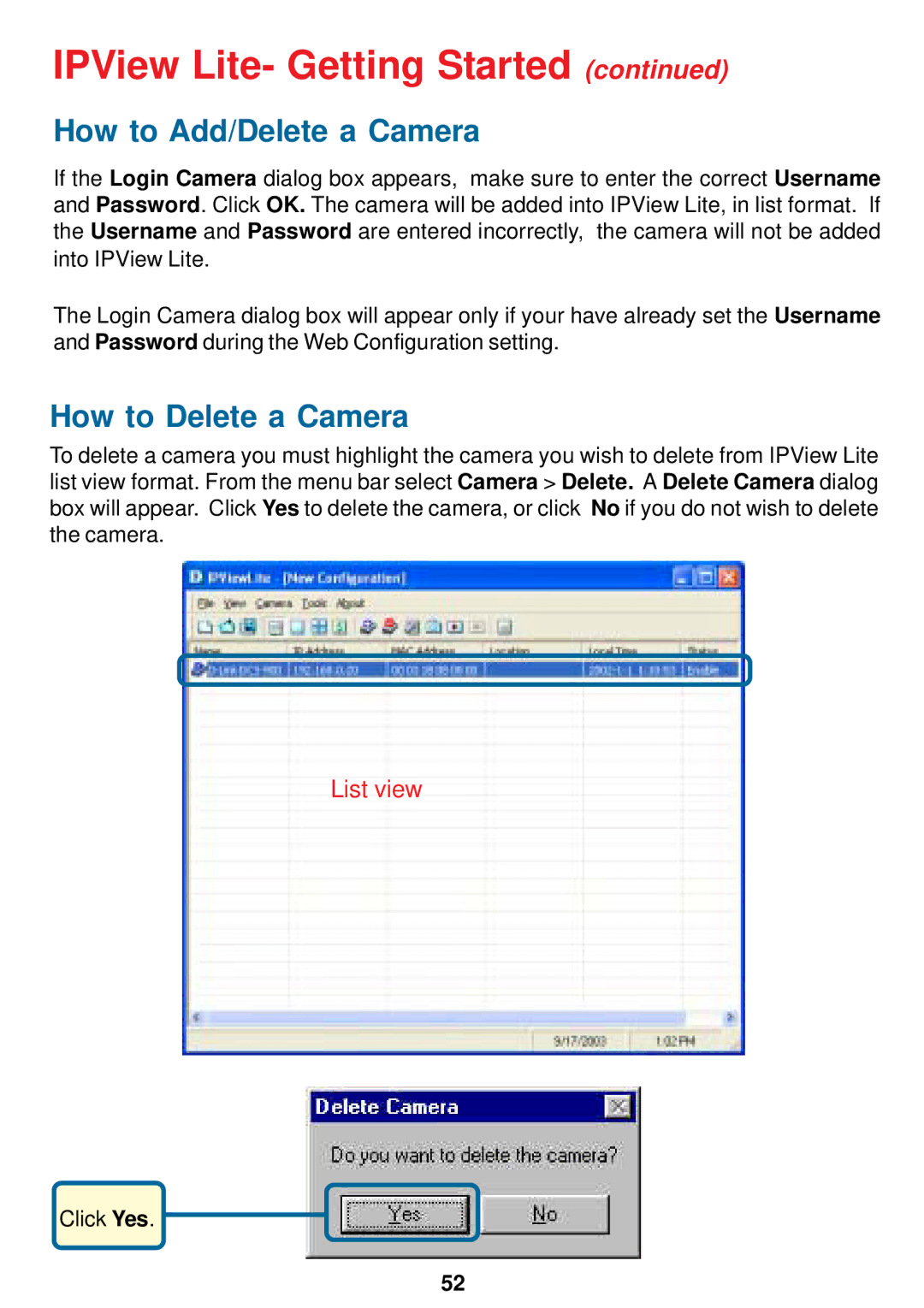 D-Link DCS-900W manual IPView Lite- Getting Started, How to Add/Delete a Camera, How to Delete a Camera 