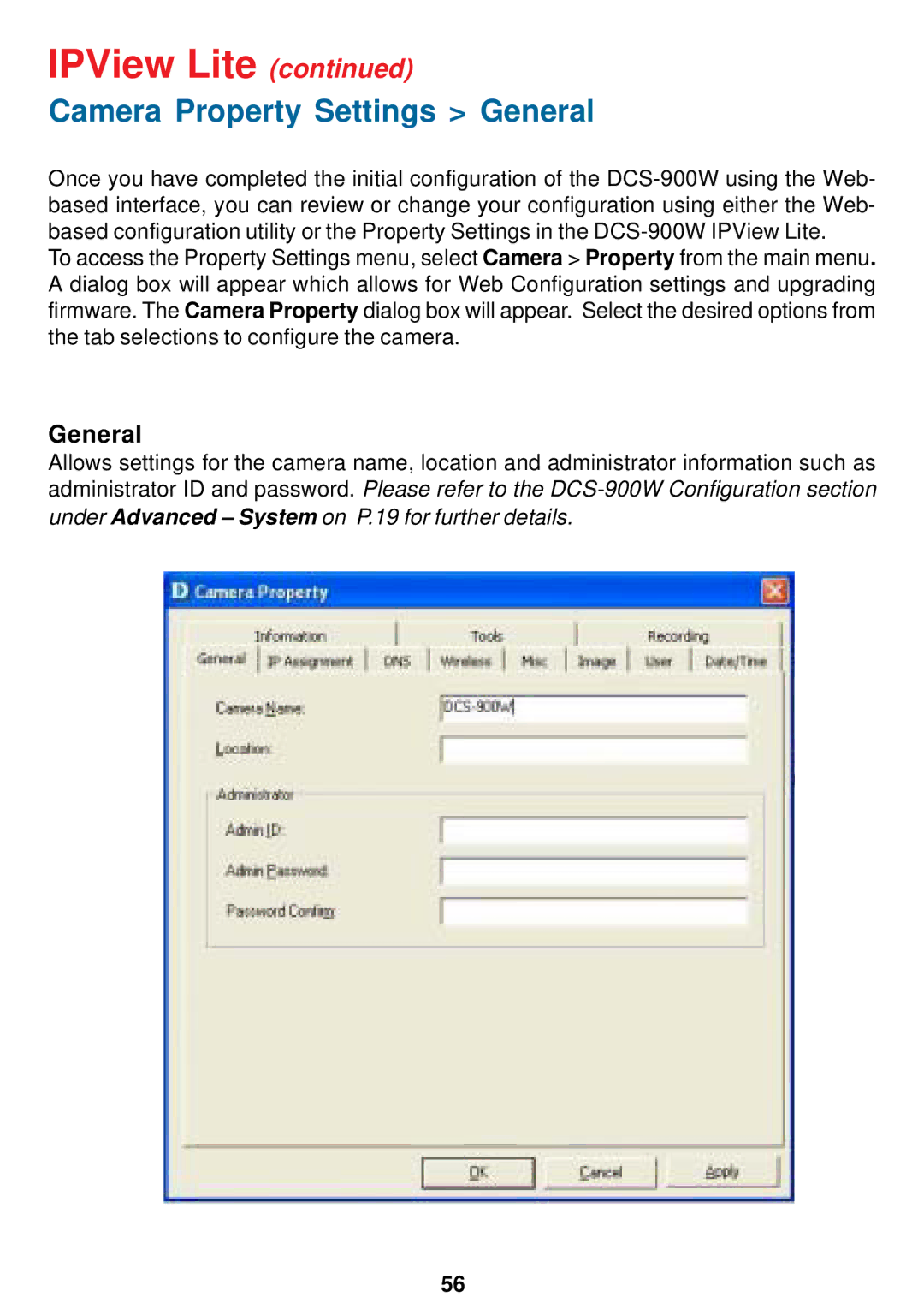 D-Link DCS-900W manual Camera Property Settings General 