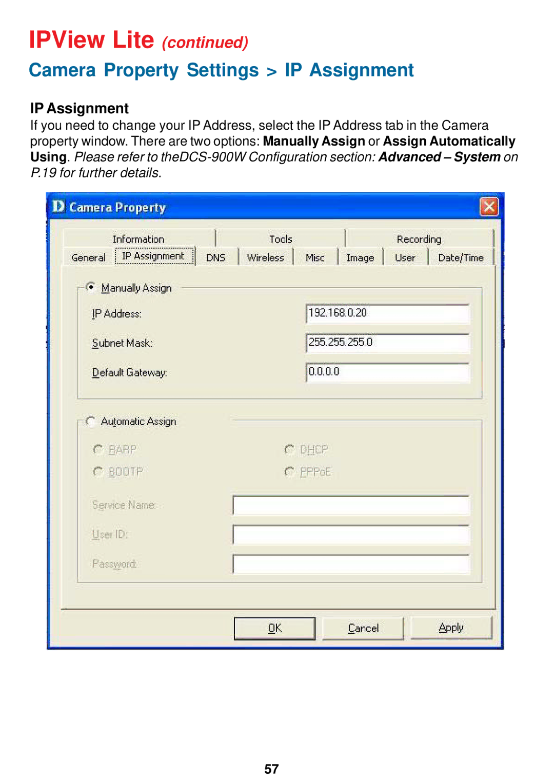 D-Link DCS-900W manual Camera Property Settings IP Assignment 