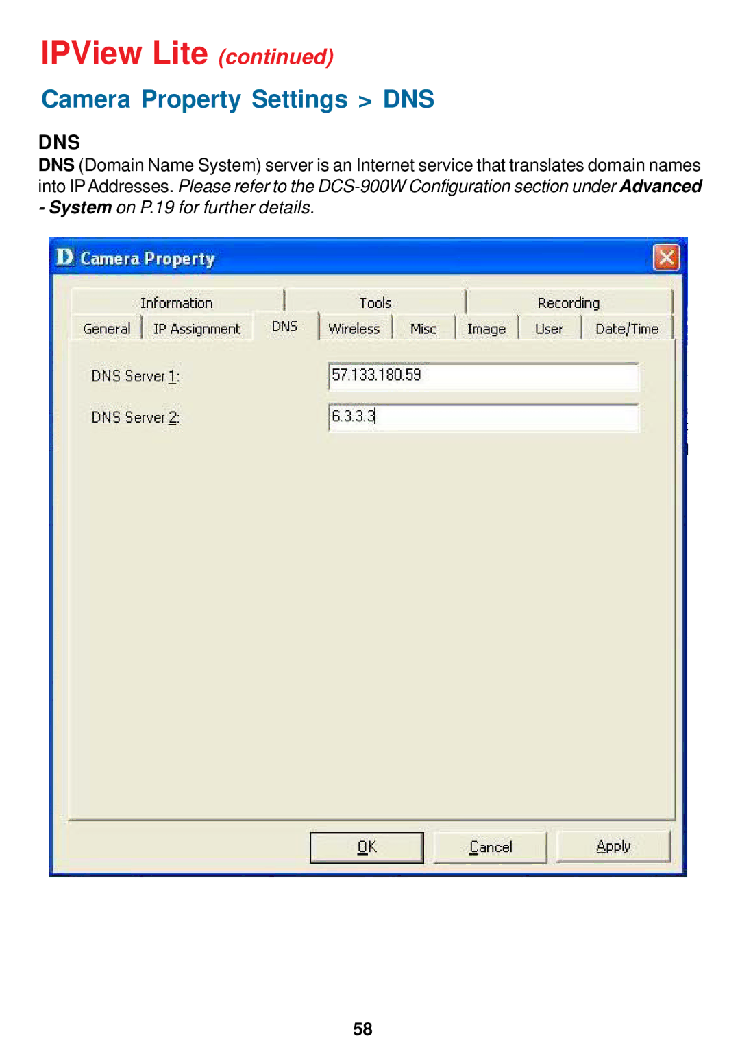 D-Link DCS-900W manual Camera Property Settings DNS, Dns 
