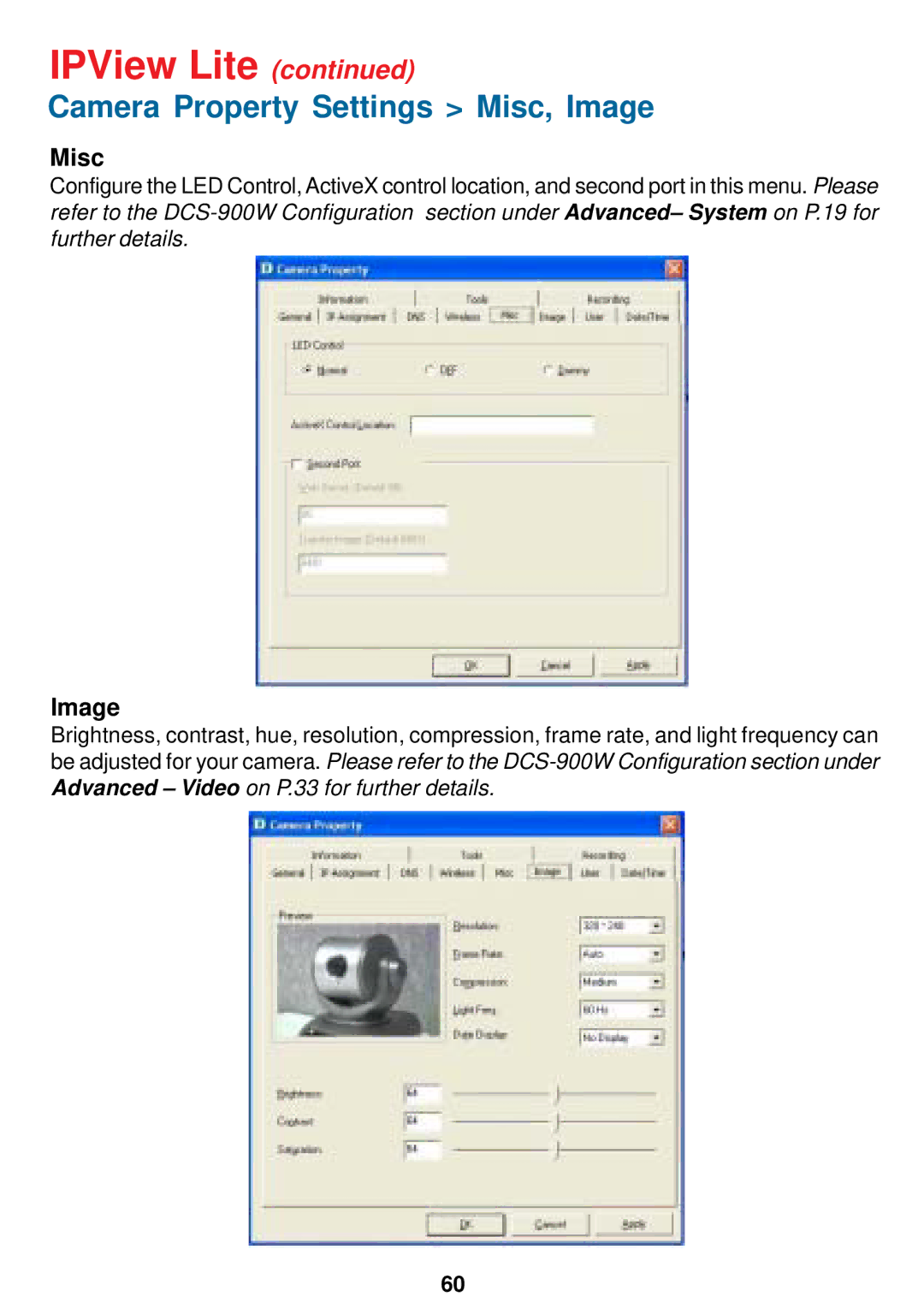 D-Link DCS-900W manual Camera Property Settings Misc, Image 