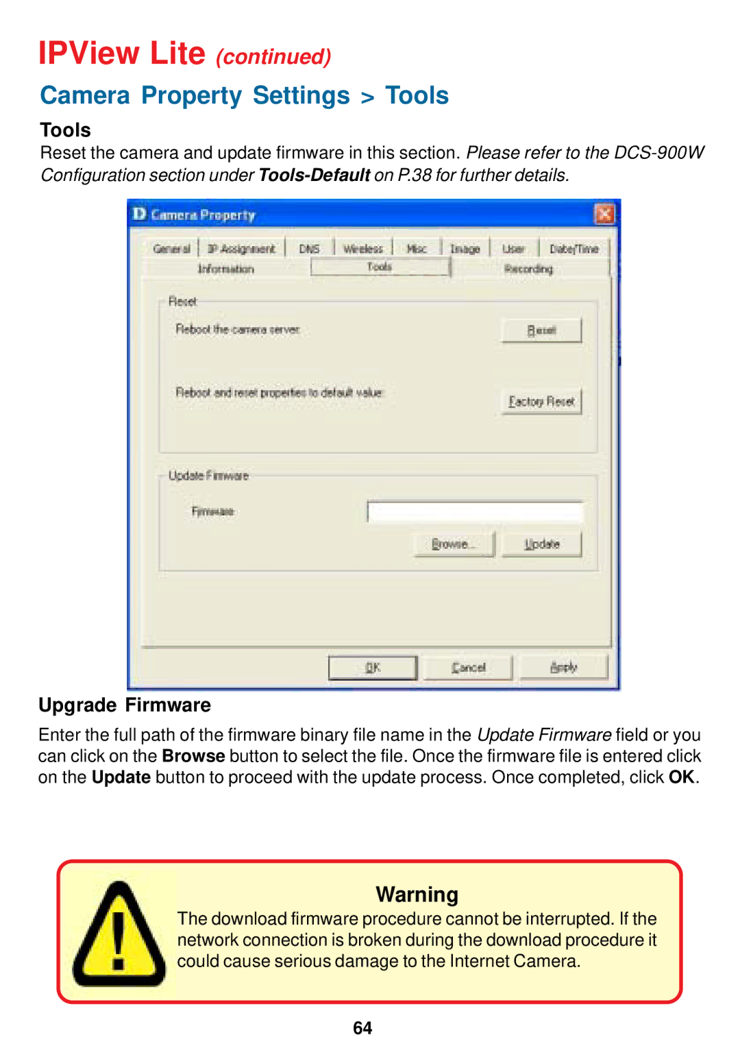 D-Link DCS-900W manual Camera Property Settings Tools, Upgrade Firmware 