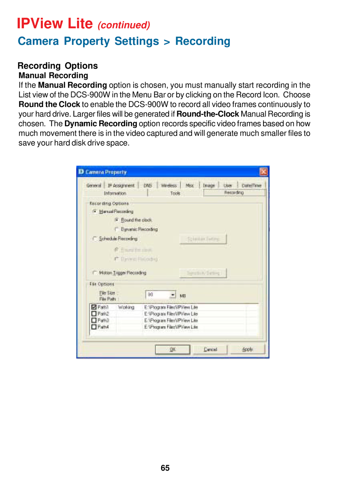 D-Link DCS-900W manual Camera Property Settings Recording, Recording Options, Manual Recording 