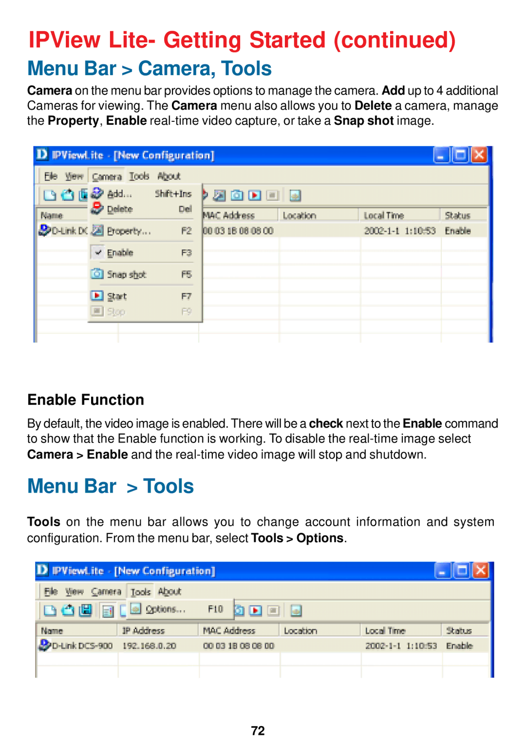 D-Link DCS-900W manual Menu Bar Camera, Tools, Enable Function 