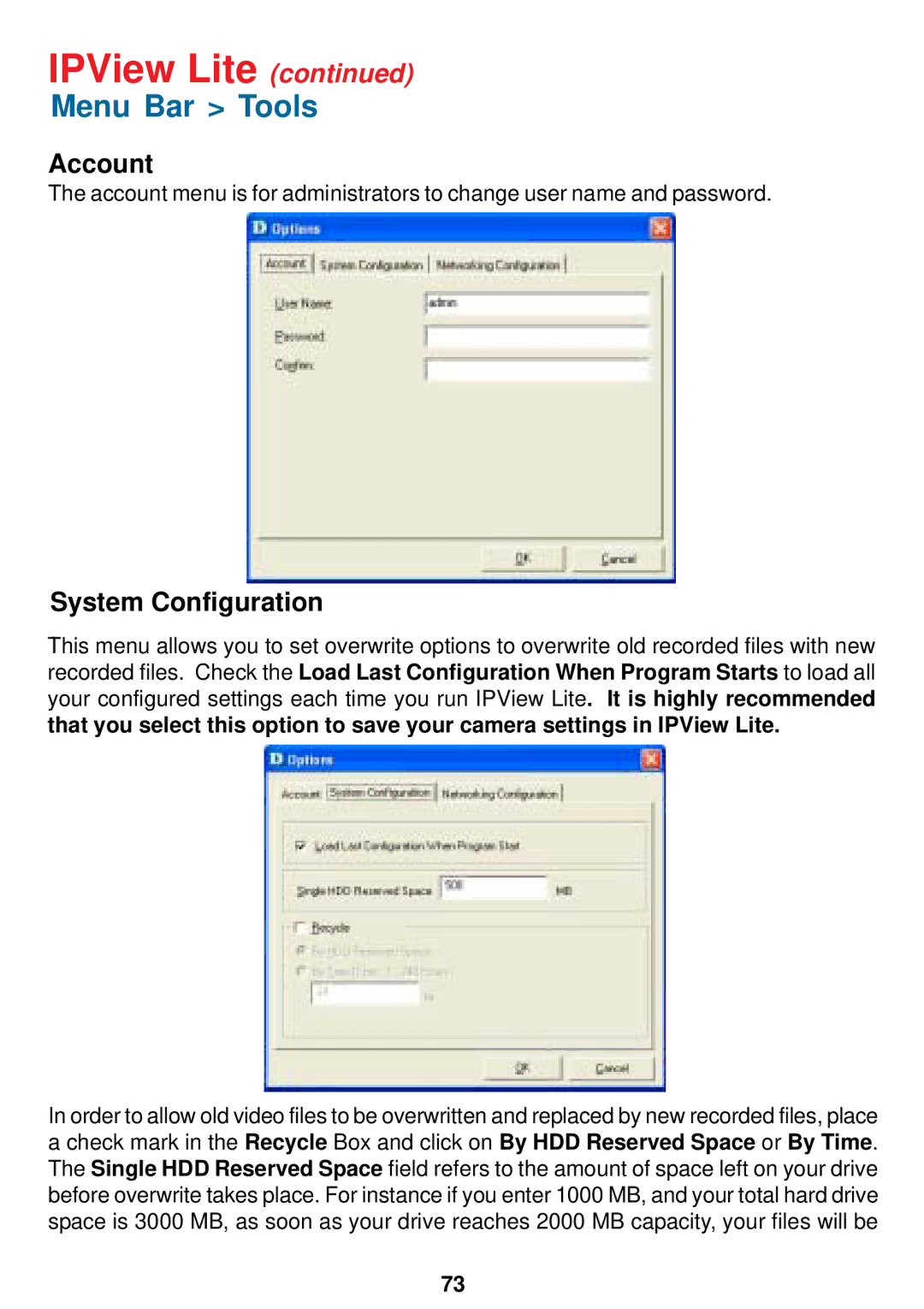 D-Link DCS-900W manual Menu Bar Tools, Account, System Configuration 