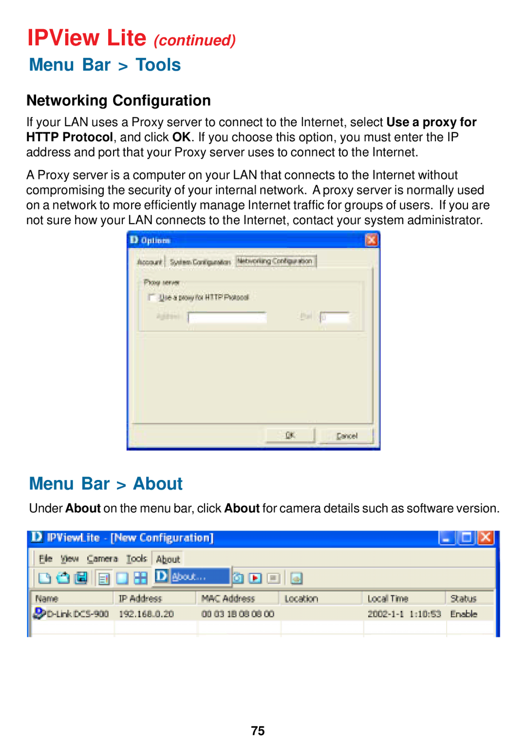 D-Link DCS-900W manual Menu Bar About, Networking Configuration 