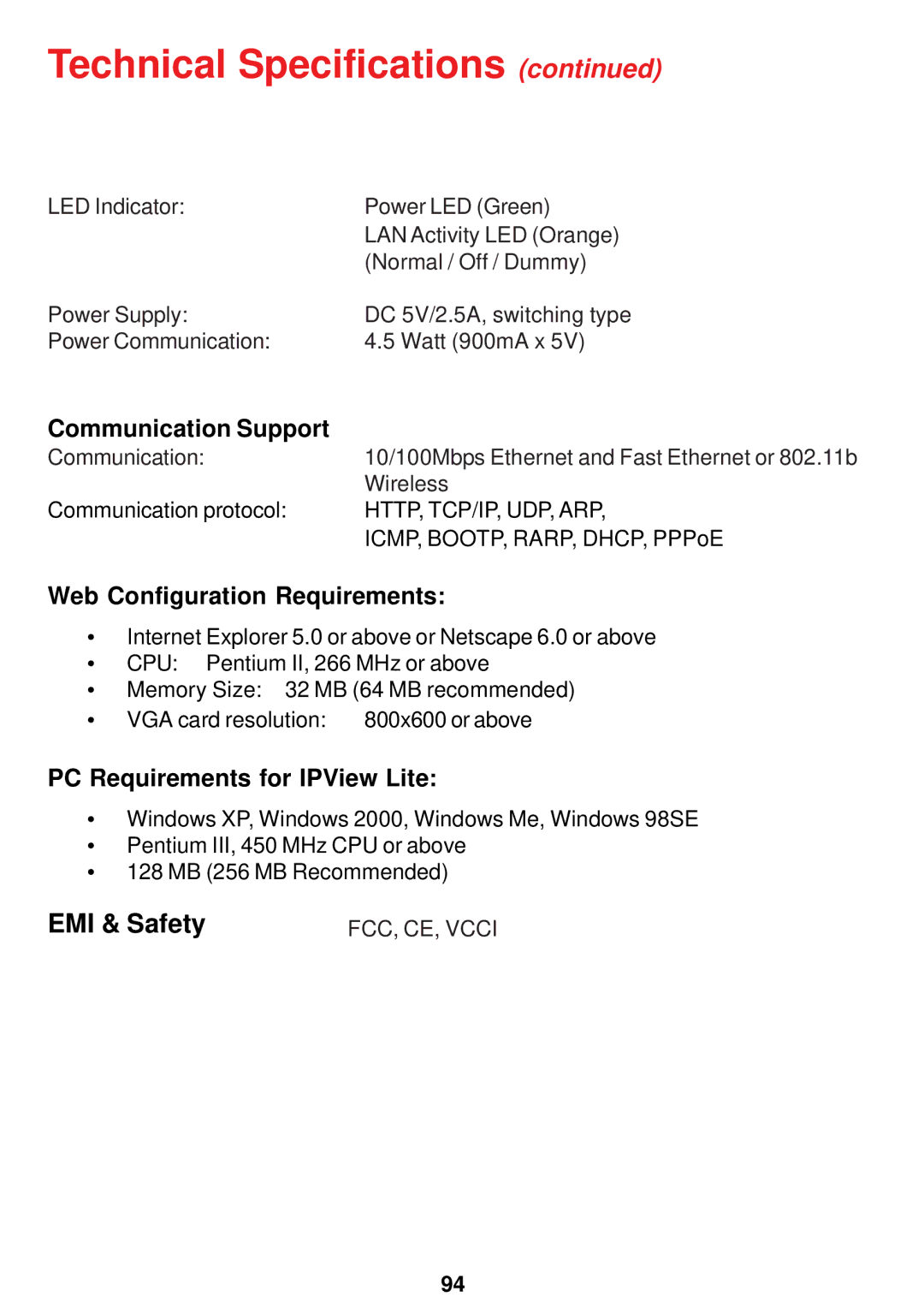 D-Link DCS-900W manual Technical Specifications, EMI & Safety, Communication Support, Web Configuration Requirements 