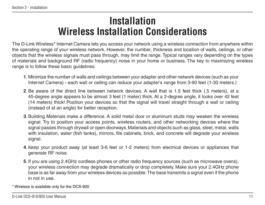 D-Link DCS-910/90 manual Installation Wireless Installation Considerations 