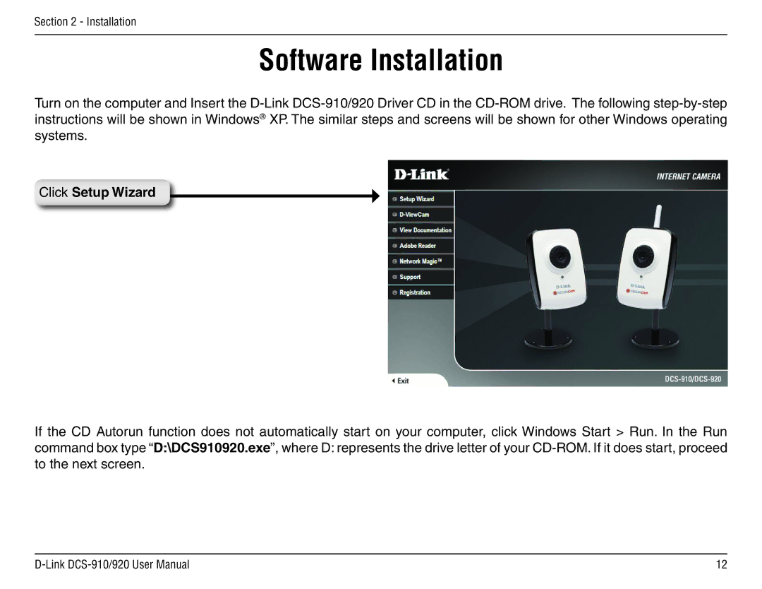 D-Link DCS-910/90 manual Software Installation, Click Setup Wizard 