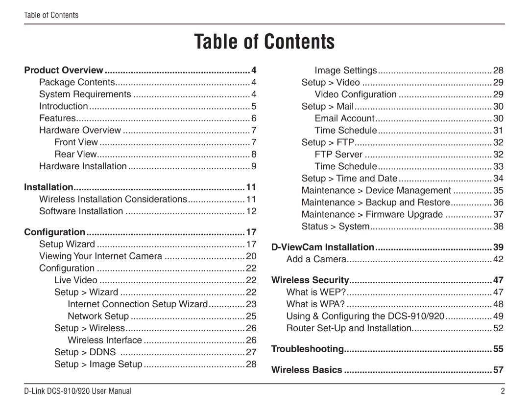 D-Link DCS-910/90 manual Table of Contents 