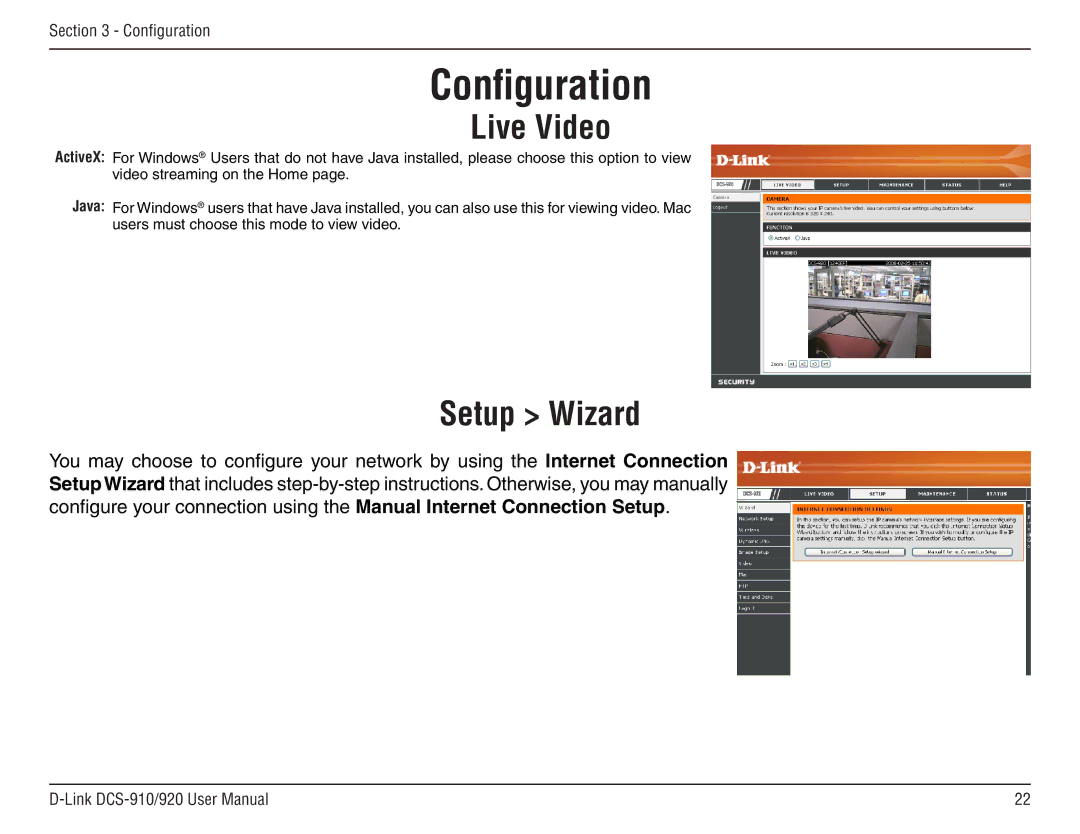 D-Link DCS-910/90 manual Live Video, Setup Wizard 