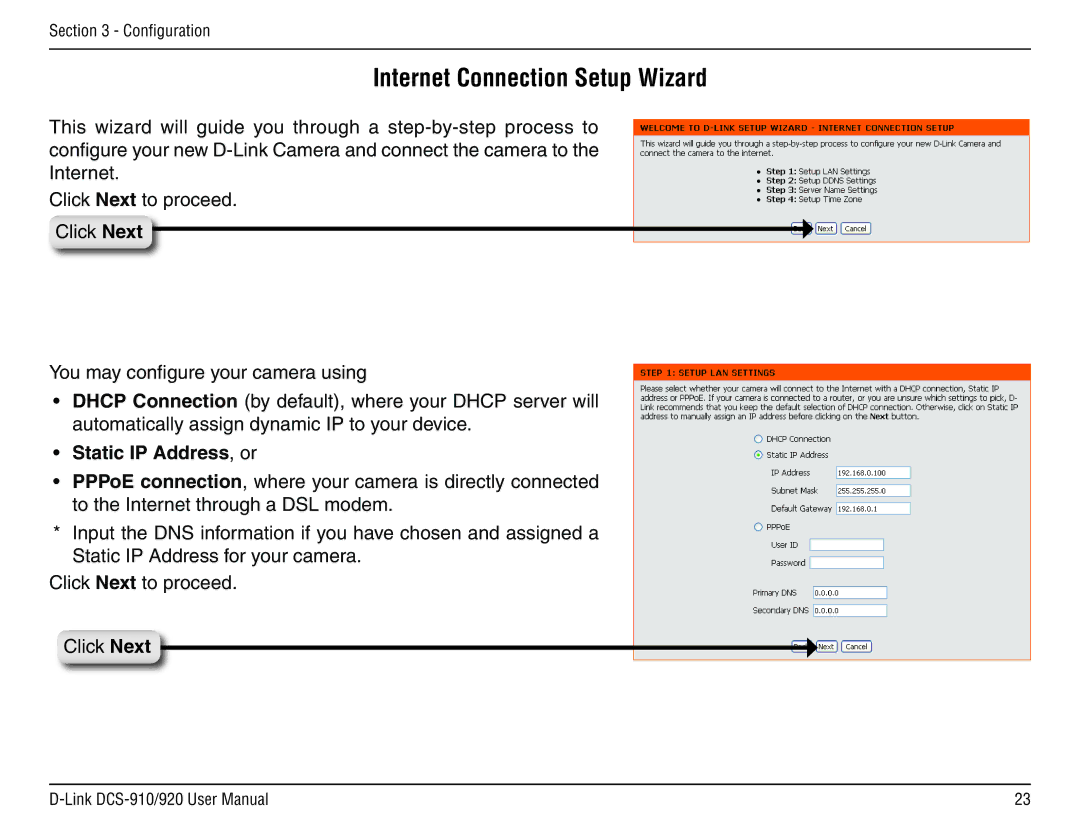 D-Link DCS-910/90 manual Internet Connection Setup Wizard, Static IP Address, or 