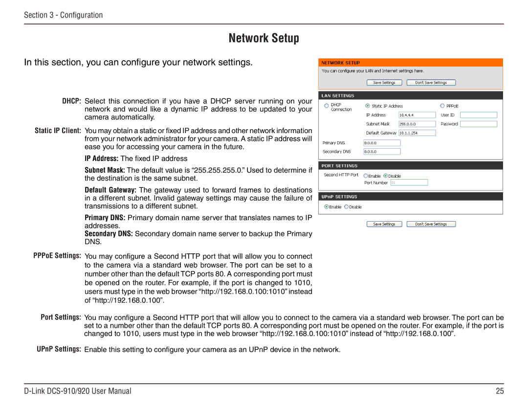 D-Link DCS-910/90 manual Network Setup, This section, you can configure your network settings 