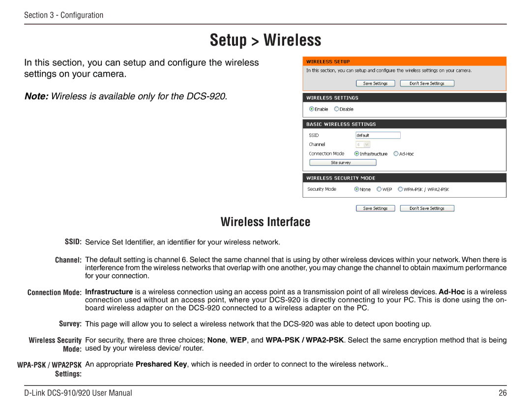 D-Link DCS-910/90 manual Setup Wireless, Wireless Interface 