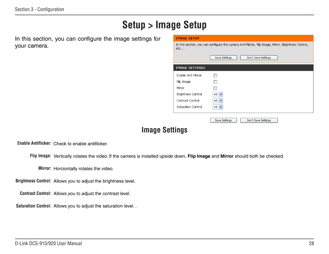 D-Link DCS-910/90 manual Setup Image Setup, Image Settings 