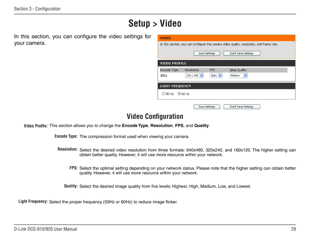 D-Link DCS-910/90 manual Setup Video, Video Configuration 