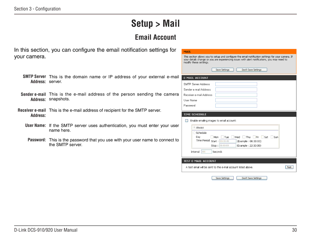 D-Link DCS-910/90 manual Setup Mail, Email Account 