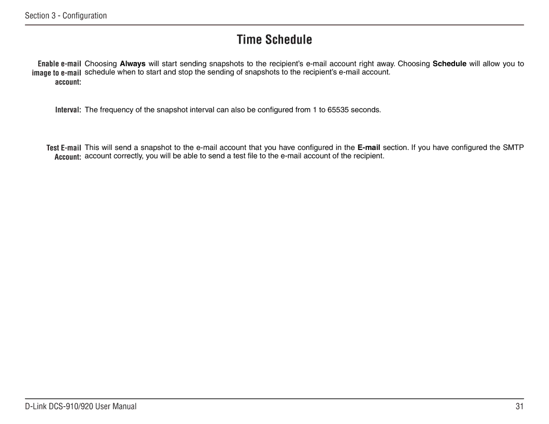 D-Link DCS-910/90 manual Time Schedule, Interval Test E-mail Account 