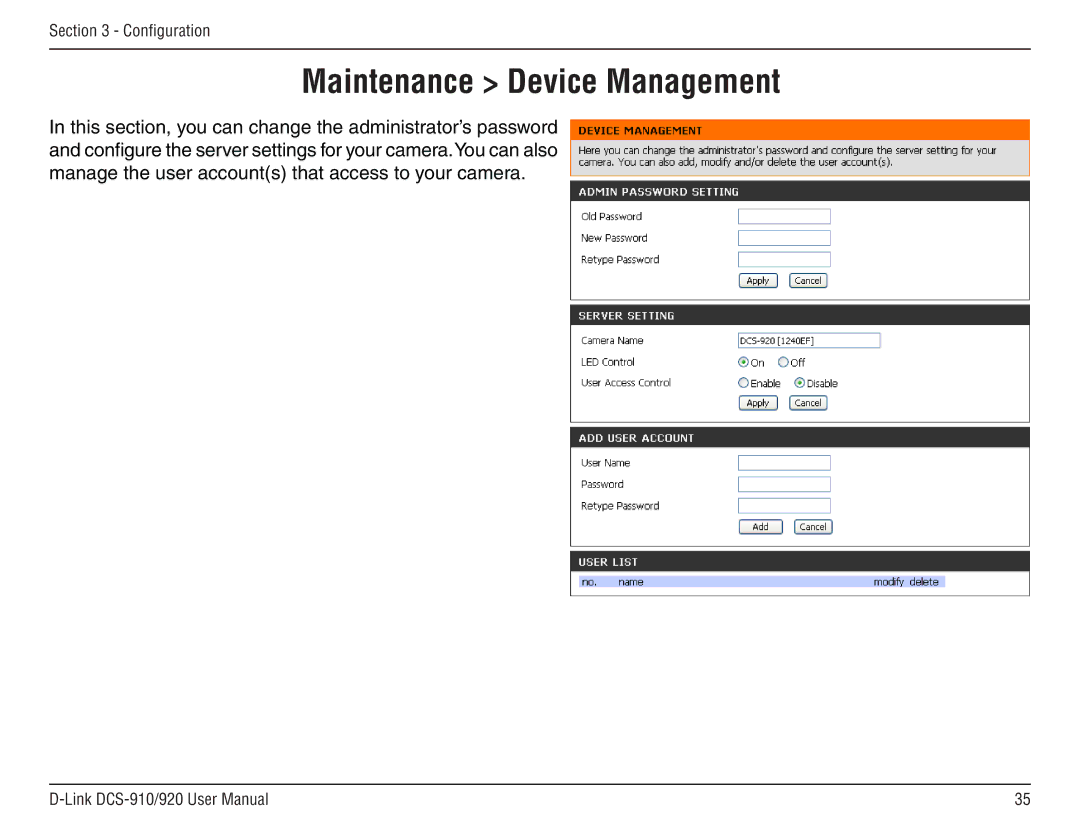 D-Link DCS-910/90 manual Maintenance Device Management 