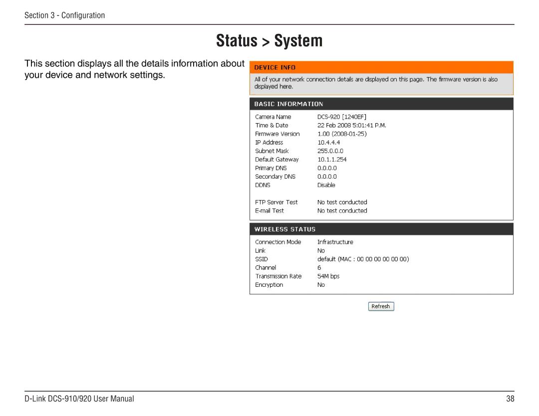 D-Link DCS-910/90 manual Status System 