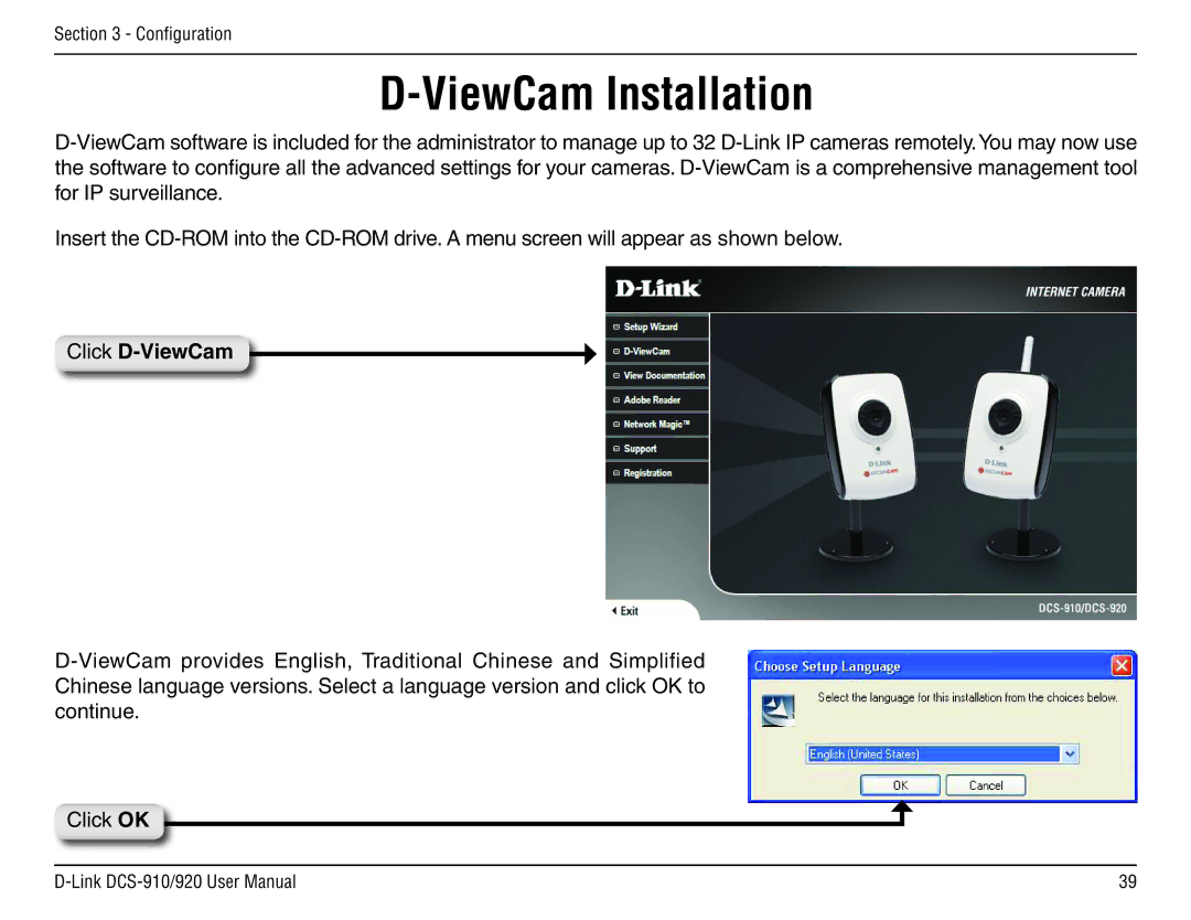 D-Link DCS-910/90 manual ViewCam Installation, Click D-ViewCam 