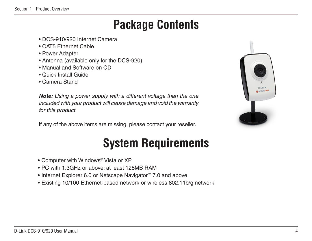 D-Link DCS-910/90 manual Package Contents, System Requirements 